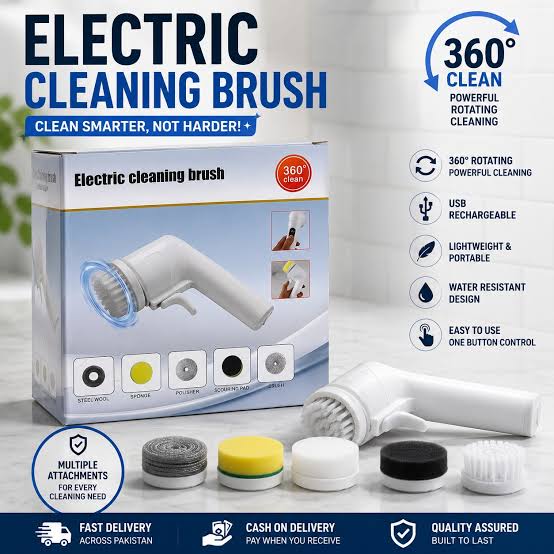 Electric Cleaning Brush With Multiple Attachments For Efficient Home Cleaning – 360° Rotating Scrubber With Sponge, Brush, And Steel Wool Heads